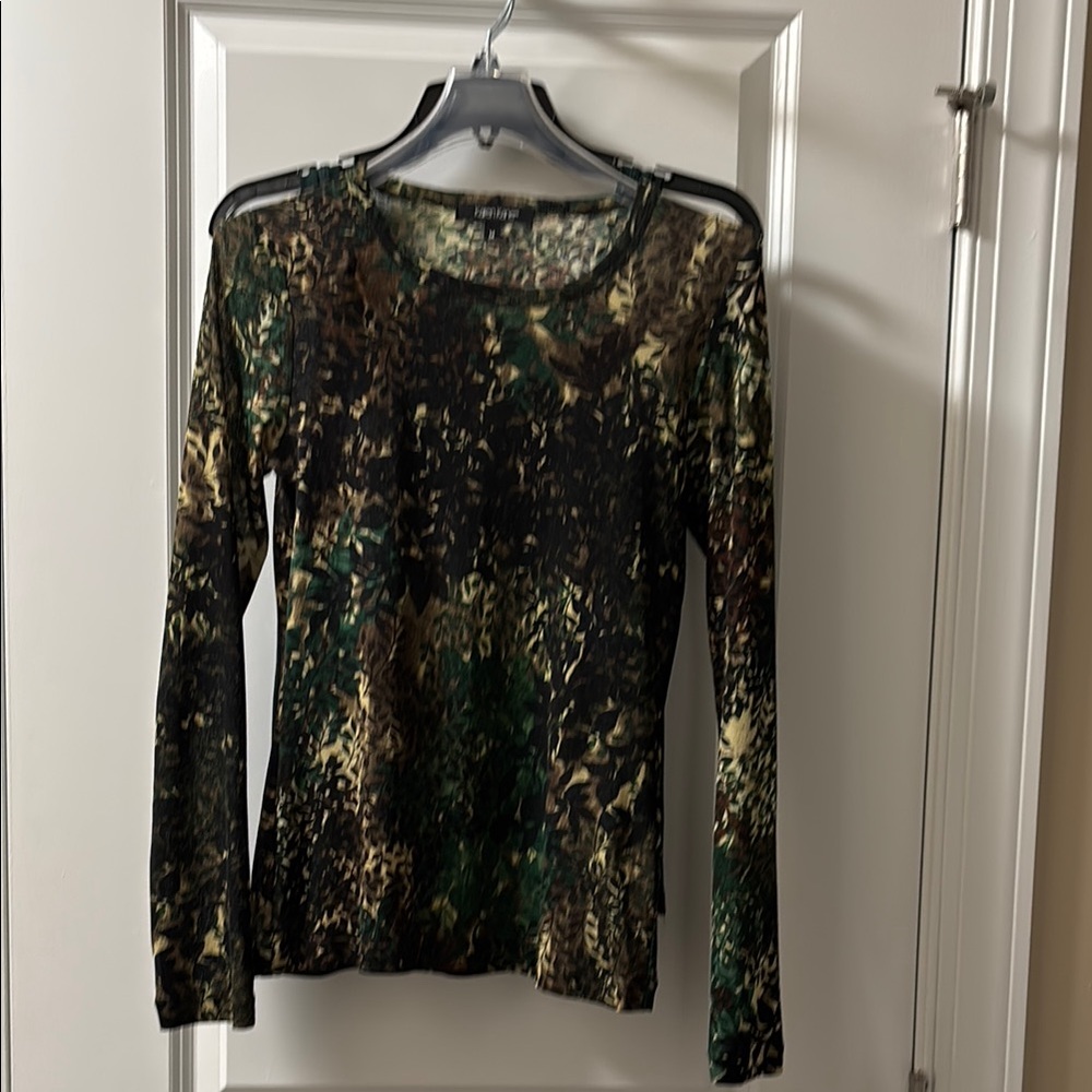 Karen Kane Graphic Brown and Green Long Sleeve Blouse with green camisole